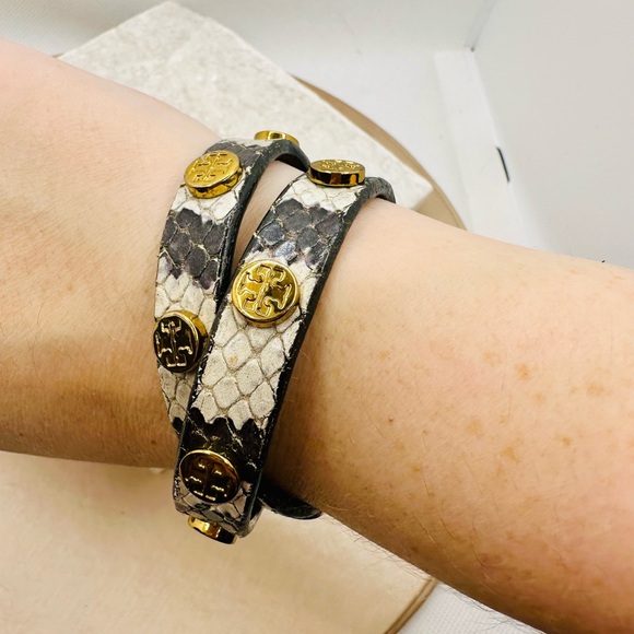 EUC Tory Burch Miller Stud Double Wrap Exotic Snakeskin Bracelet - Picture 4 of 15